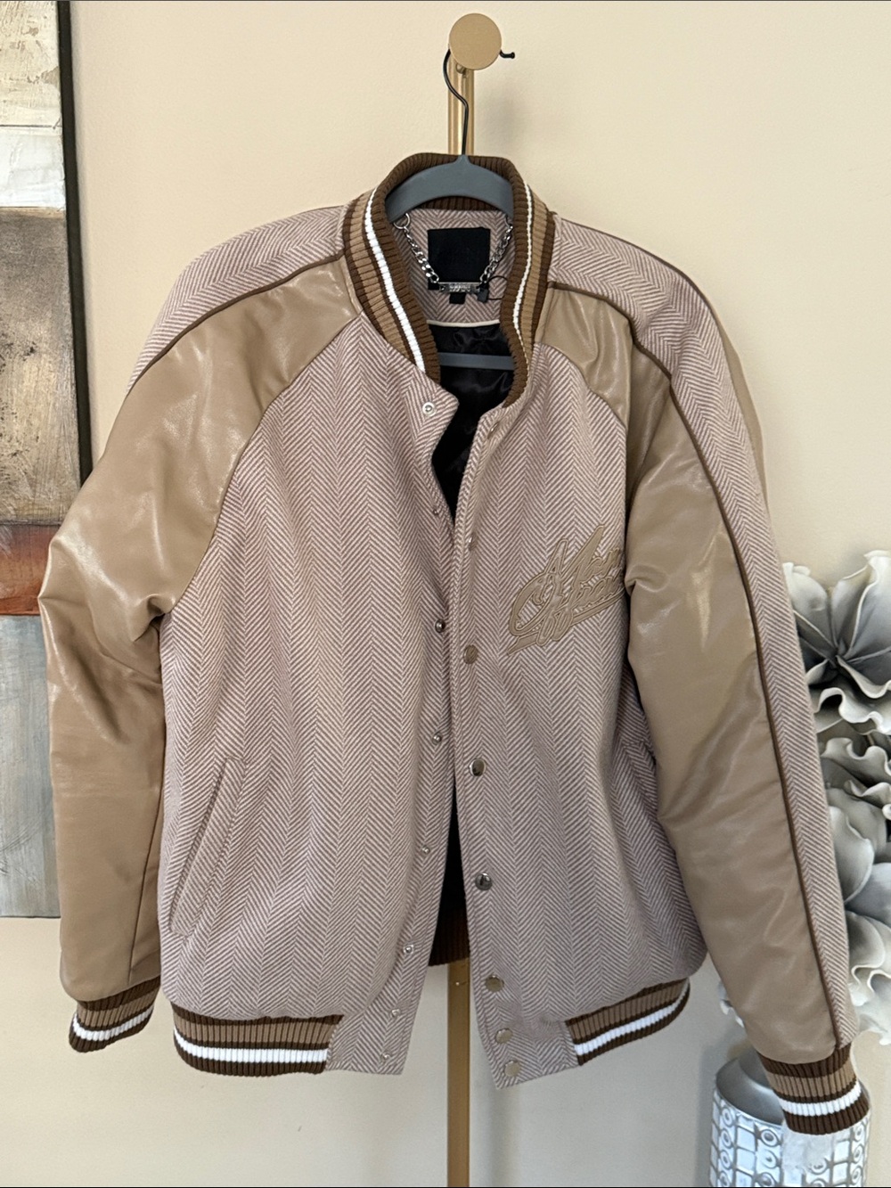 Tan Herringbone Bomber Jacket with Contrasting Leather Sleeves